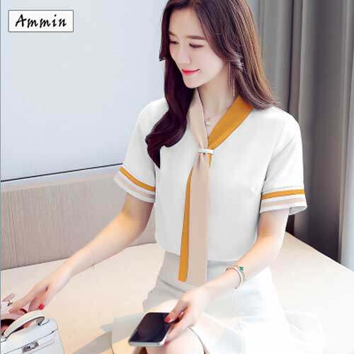 Áo Sơ Mi Nữ Công Sở AMMIN, Áo Voan Ngắn Tay, Cổ Tròn, Thời Trang Hè, Đẹp