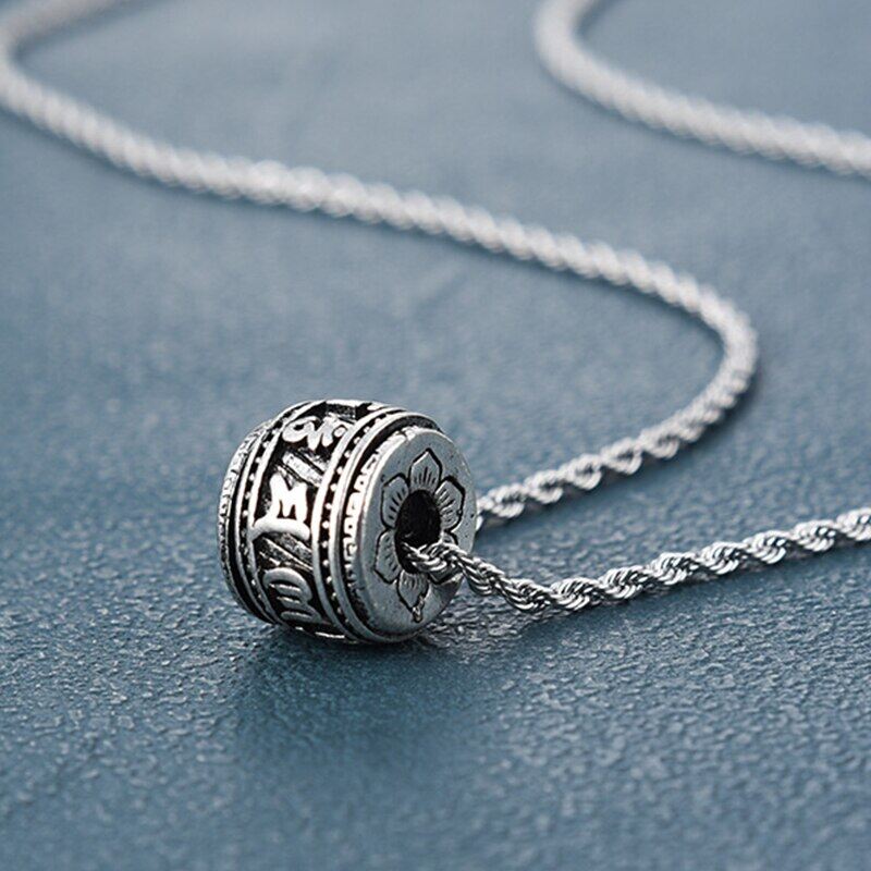 ZZOOI Retro Silver Rotatable bead Pendant Necklace Me Women Chinese Six-character Mantra Carving Necklaces Buddha Lucky Choker Chains