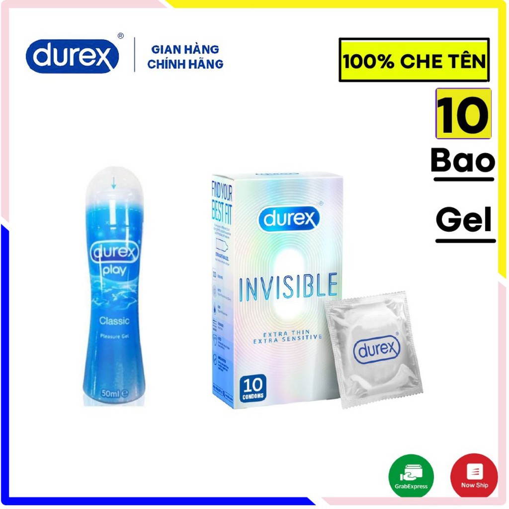 Bộ 2 bao cao su siêu mỏng Durex Invisible 10 bao và Gel bôi trơn Durex Classic 50ml.