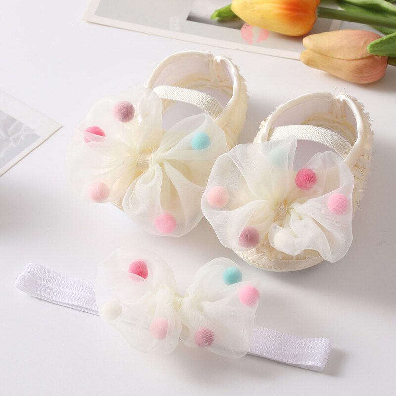 Giày Công Chúa Nơ Sợi Lưới Cho Bé Gái, Giày Đi Bộ Đế Mềm Cho Trẻ Tập Đi Bộ Băng Đô