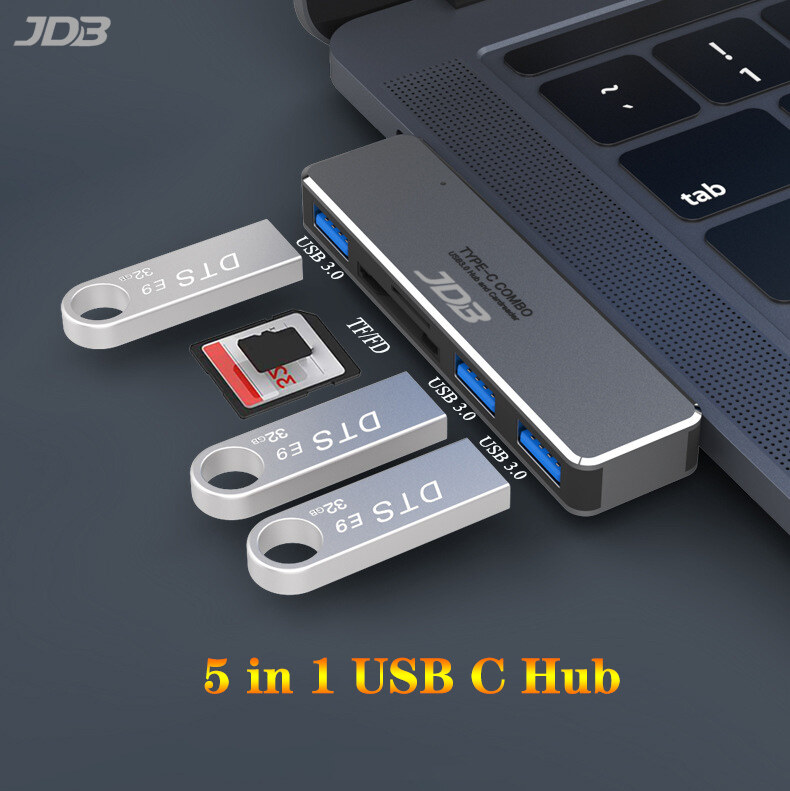 JDB Hub Đa Năng 5 Trong 1 Bằng Hợp Kim Nhôm, Với Đầu Đọc Thẻ SD/TF Cổng USB 3.1 3 SuperSpeed USB 3.0 Dành Cho MacBook Air 2018 Và MacBook Pro 2017 / 2018 / 2019/2020/2021 Màu Xám
