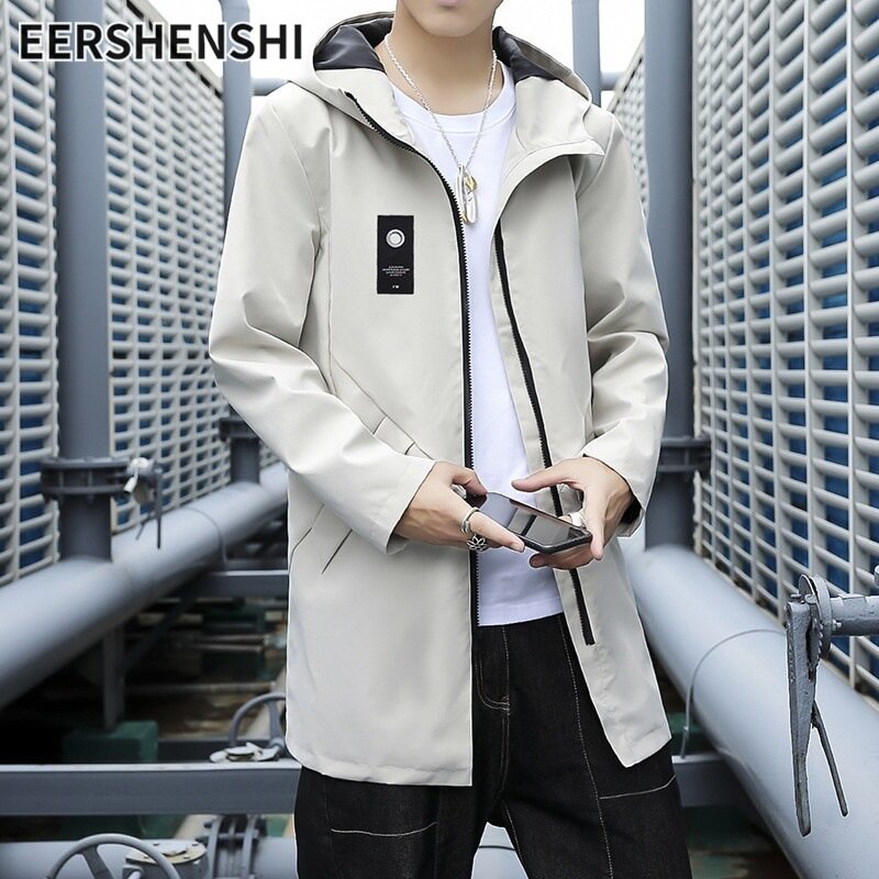Eershenshi áo khoác nam áo khoác trench coat có mũ phong cách hàn quốc áo khoác trench coat thường ngày dài trung bình