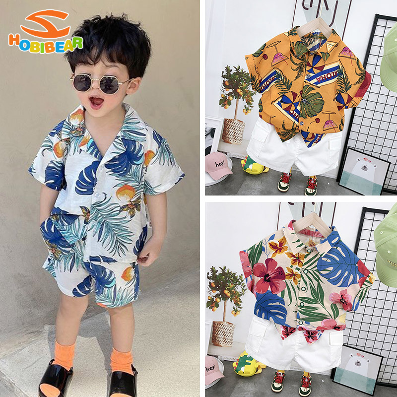 HOBIBEAR Boys' short-sleeved floral shirts, children's summer beach shirts, casual shorts sets, children's resort tops ราคา 158 บาท*ส่งฟรี