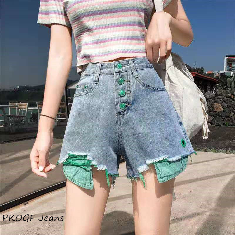 Quần Soóc Bò Cho Nữ, Quần Denim Cạp Cao Ôm Dáng Thời Trang Dáng Rộng Thường Ngày Phối Màu