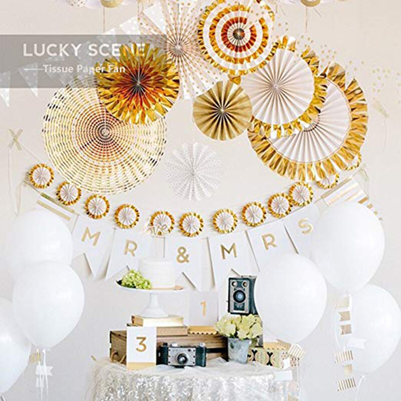 【Zihong】8Pcs/Pack Gold Paper Fan Flower Hanging Banner For Party Decorations