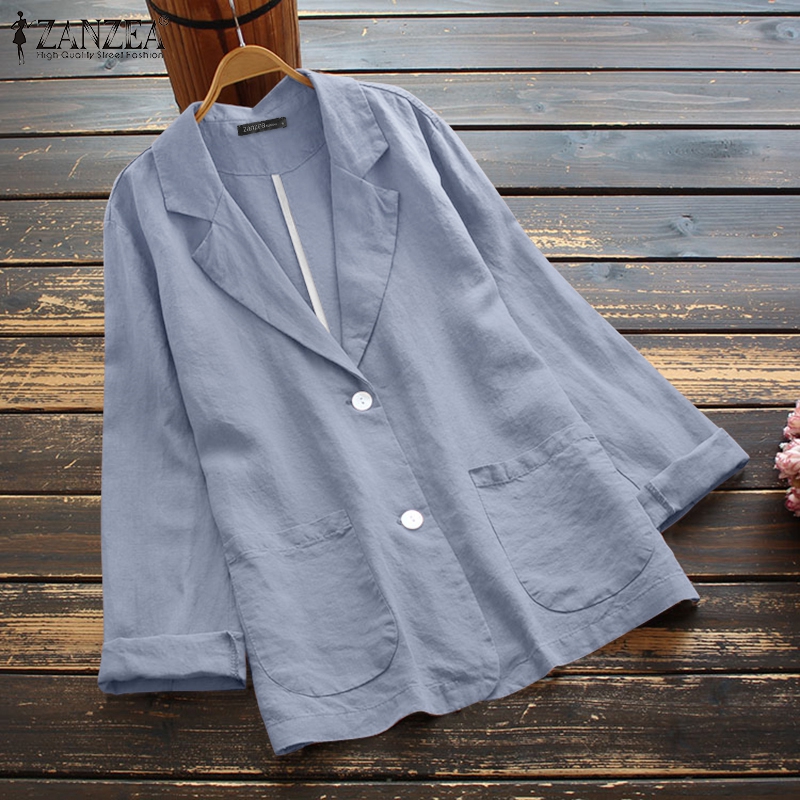 Zanzea áo khoác trơn cài khuy cotton cho nữ áo blazer thường ngày dài tay dáng rộng cle