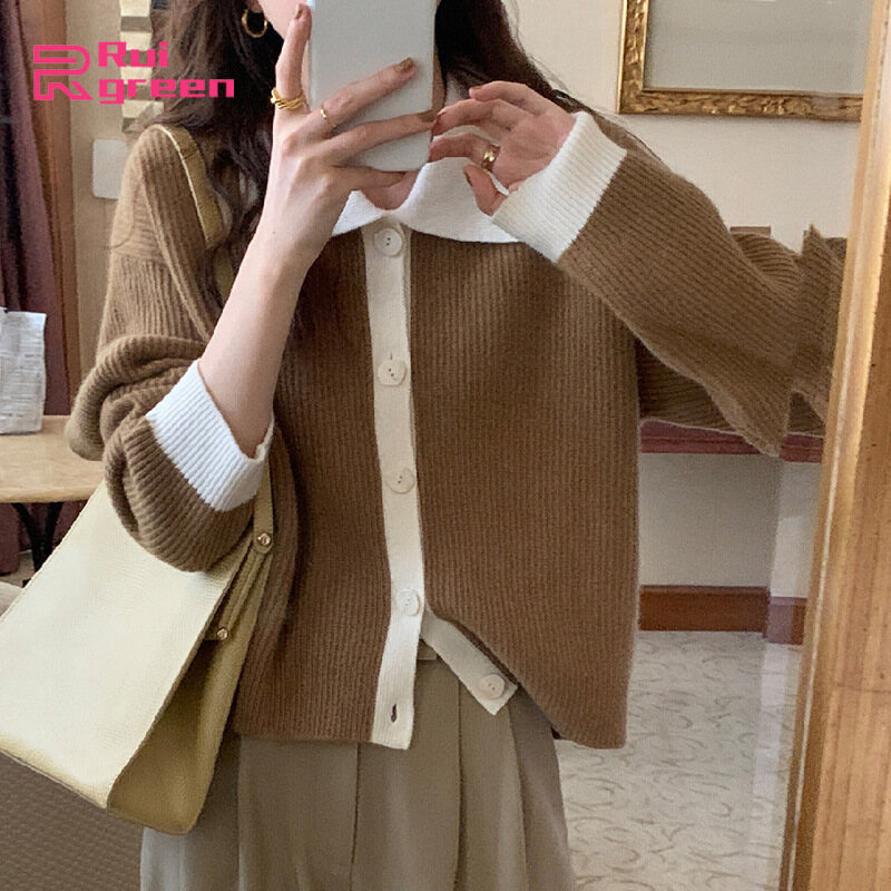 Áo Len Dài Tay Thời Trang Cho Nữ Áo Cardigan Dệt Kim Dày Màu Tương Phản Áo Sơ Mi Dáng Rộng Có Ve Áo Màu Sắc: Kaki Kích Thước: Một Kích Cỡ Phù Hợp Với Tất Cả
