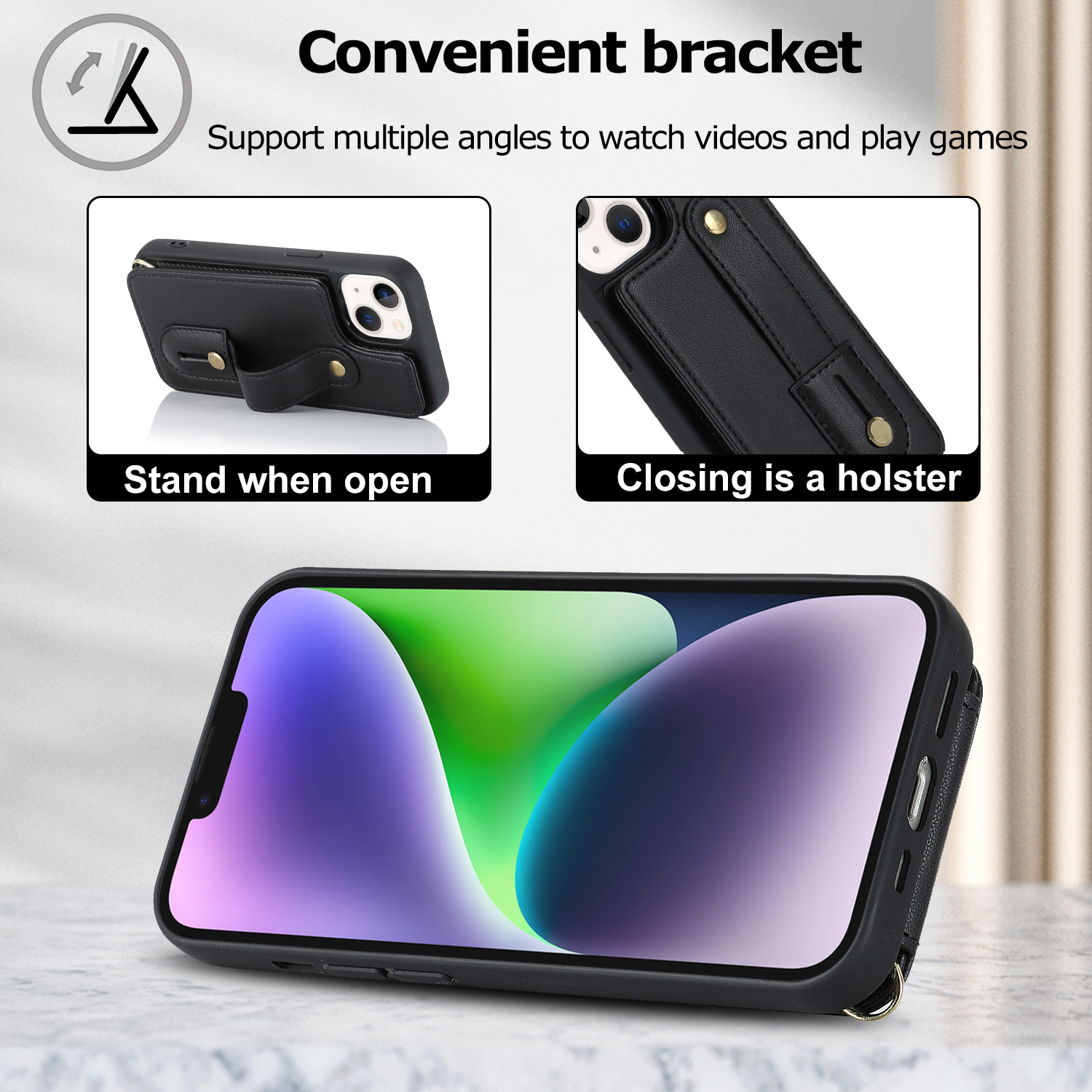 Phone Case Wallet With Leather Card Holder And Wrist Strap For Iphone_voghion.com
