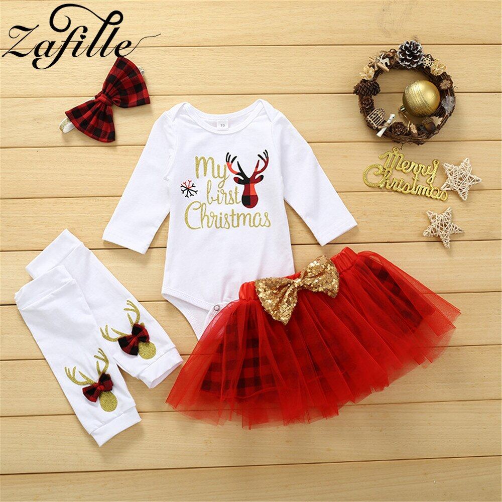 ZAFILLE My First Christmas Outfits For Baby Girl Dress 4Pcs Festival Party New Year's Costume For Babies Christmas Clothes