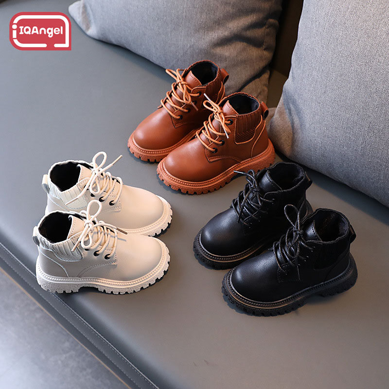 IQANGEL Children's bright leather snow boots short boots British fashion Martin boots