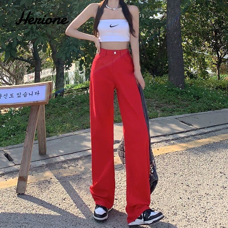 Quần jeans ống rộng cạp cao màu đỏ ống suông mùa thu của phụ nữ 501b133 quần dài chạm đất