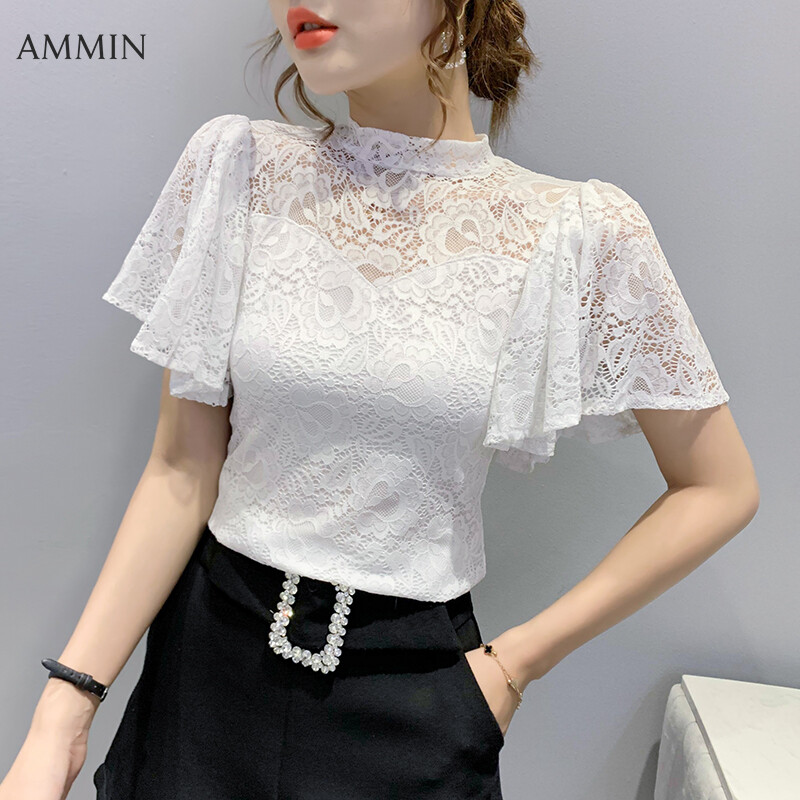 AMMIN 2021 Mùa Hè Áo Thêu Hàng Mới Crochet Hollow Tay Áo Loe Áo Ren Phụ Nữ Phong Cách Hàn Quốc Quần Đùi Thời Trang-Tay Ngọt Ngào Và Áo Blouse Thanh Lịch Nữ Ins Tops