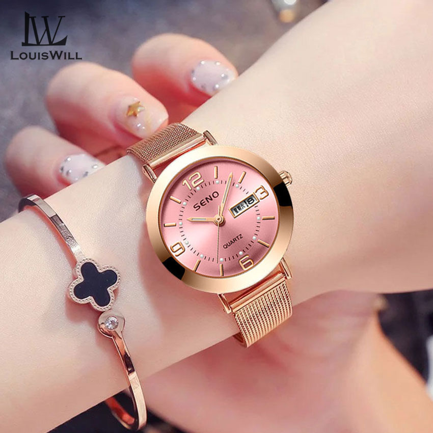 LouisWill Women Watches Fashion Watches Casuals Quartz Watches Round Dial Watches 30M Waterproof Watches Alloy Thin Strap Business Wristwatch with Watch Adjuster for Women