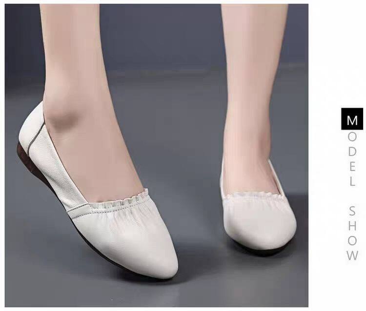 wtMei korean wedge leather mother shoes Women's Soft Bottom Shallow Mouth White Leather Shoes Soft Leather Pointed Flat Shoes