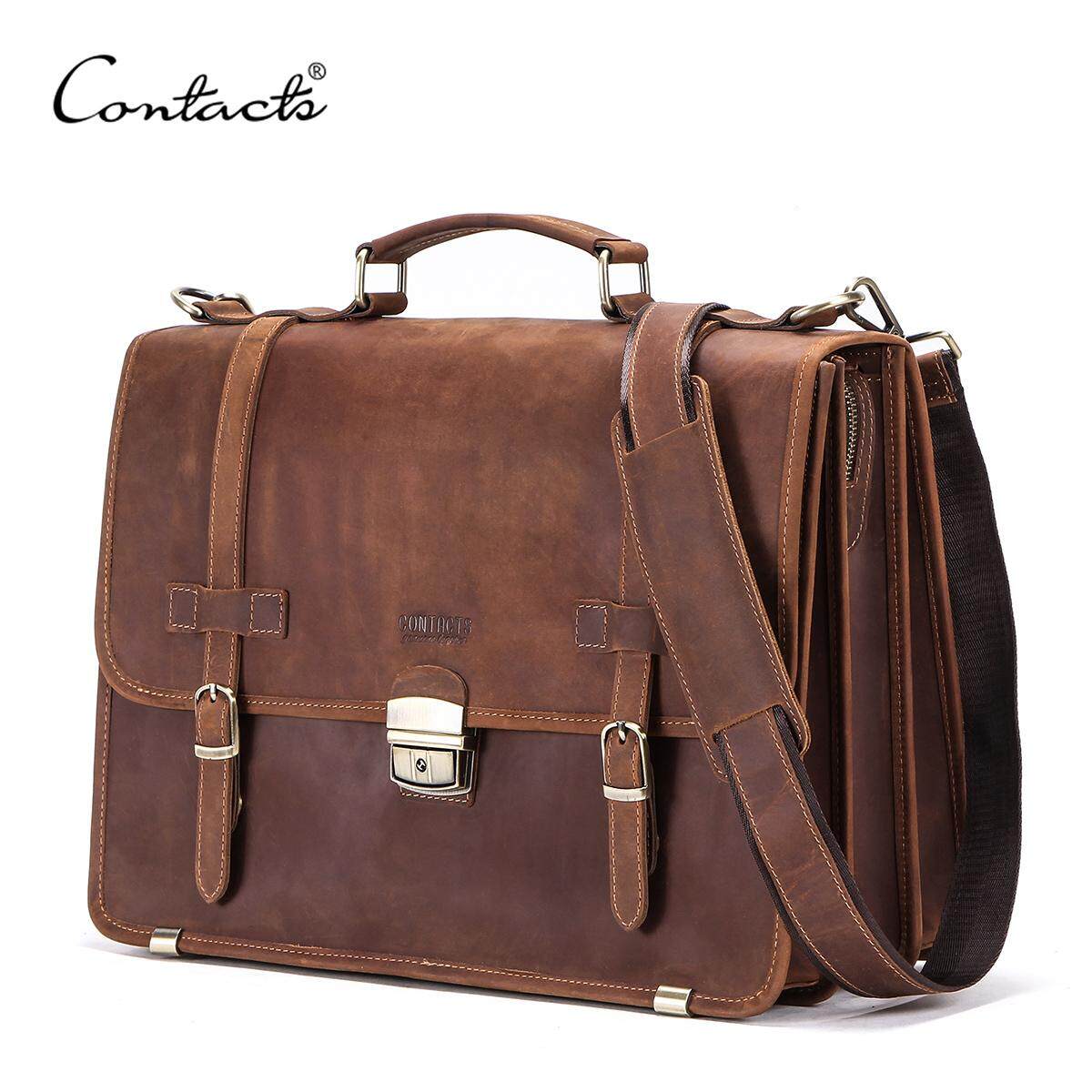 CONTACT S Men s Crazy Horse Leather Briefcase Men Business Bag For 14 Inch