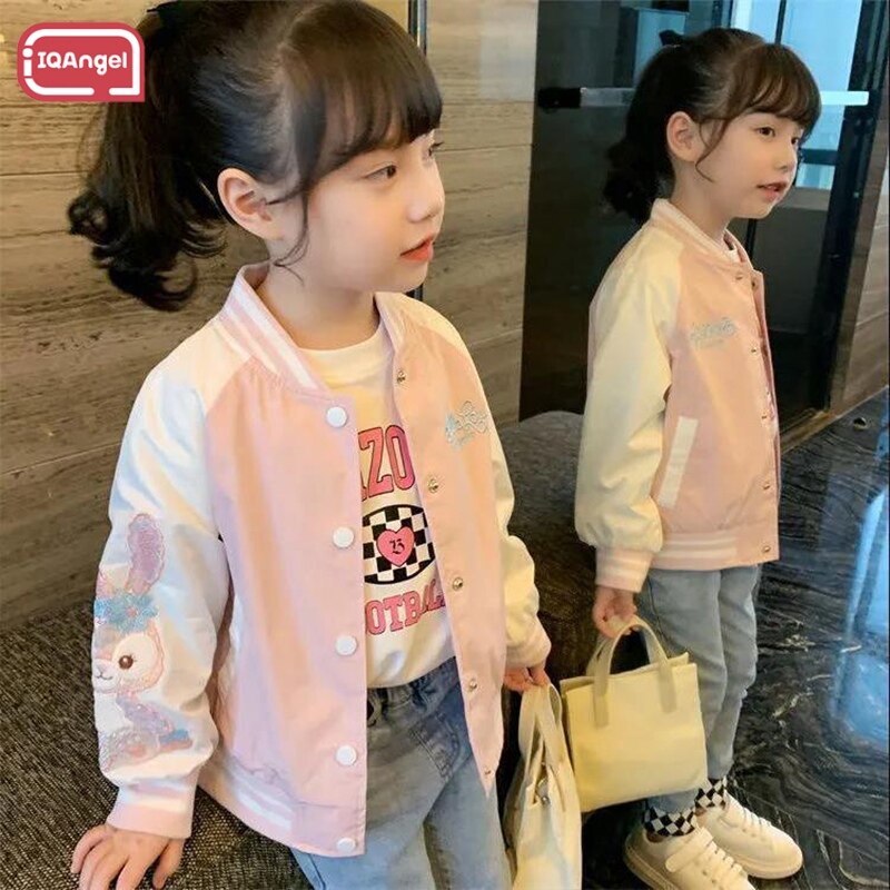  IQANGEL Áo Khoác Đồng Phục Bóng Chày Cho Bé Gái Đồng Phục Bóng Chày Hoạt Hình Xu Hướng Áo Khoác Bé Gái Áo Dài Tay 