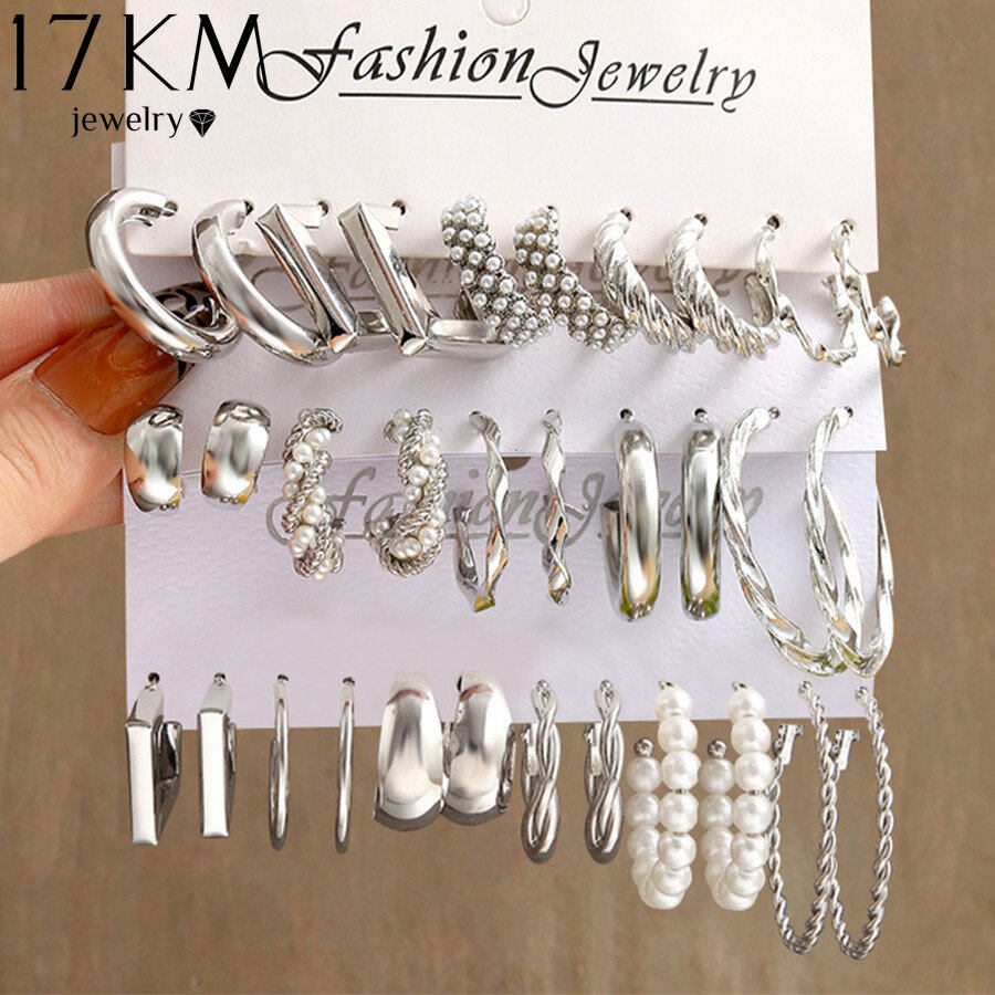 17KM Pearl Silver Color Hoop Earrings Sets For Woman Trendy Butterfly Acrylic Hollow Twist Geometric Dangle Earrings Jewelry Gifts