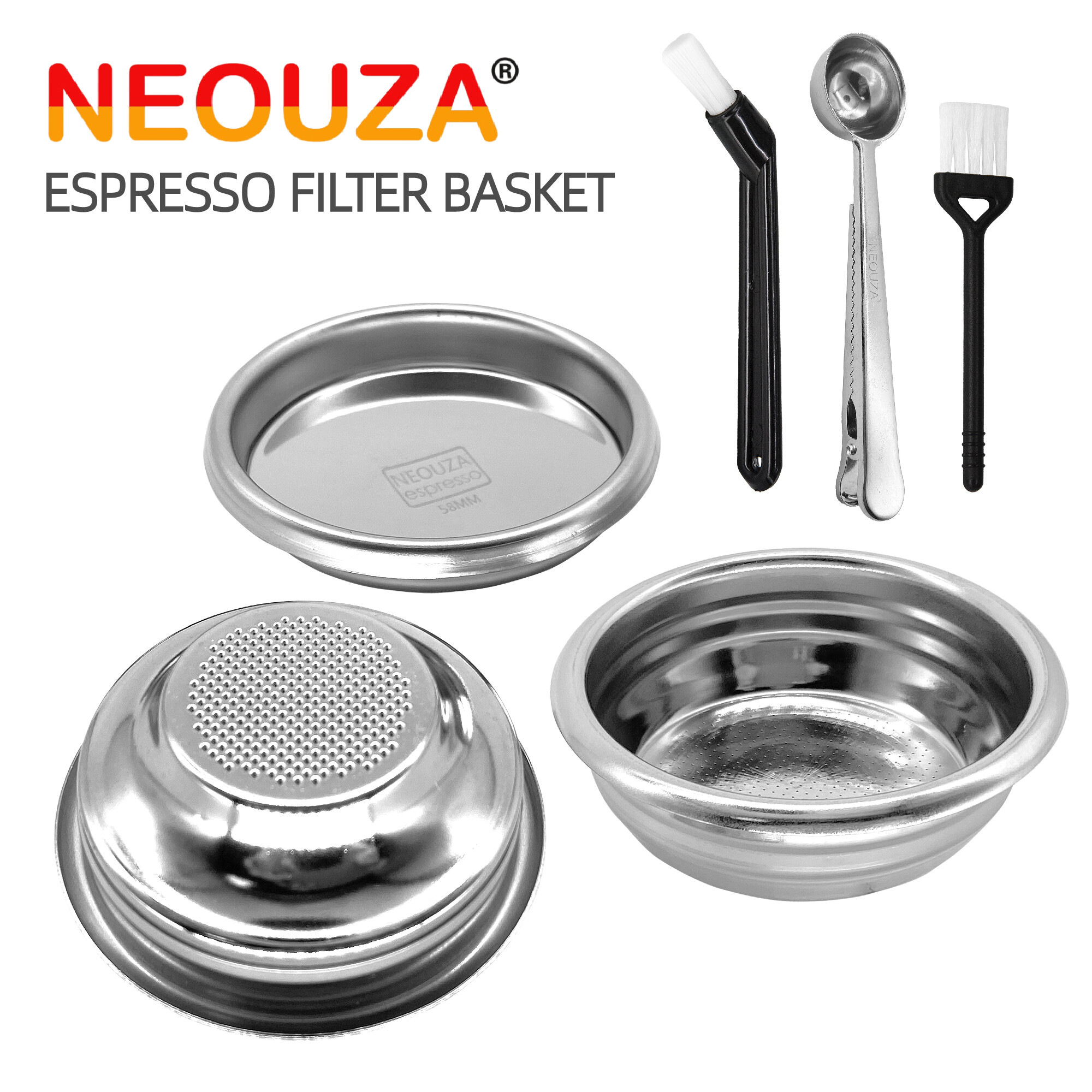 Neouza giỏ lọc bằng thép không gỉ 58mm cốc 1/2 cho máy pha cà phê espresso không đáy portafilter, tương thích với expobar,breville 9,nuova,la marzocco, e61 rancilio,gemilai máy pha cà phê 58mm. quà tặng: bộ lọc mù
