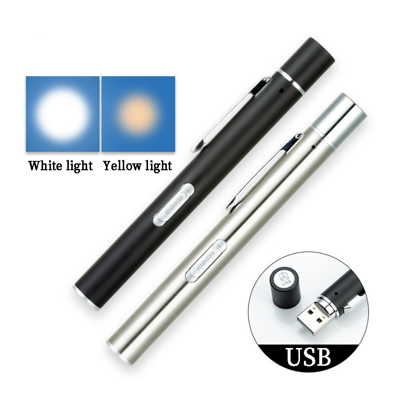 Đèn pin đèn màu vàng ánh sáng trắng đèn kiểm tra y tế đèn bút mini sạc usb bằng thép không gỉ