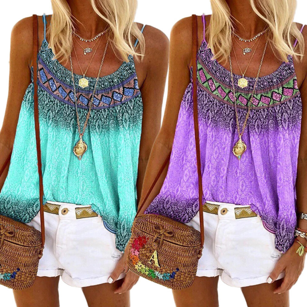Casual Women Sleeveless Gradient Color Printed Loose Camisole Beach Blouse  Top