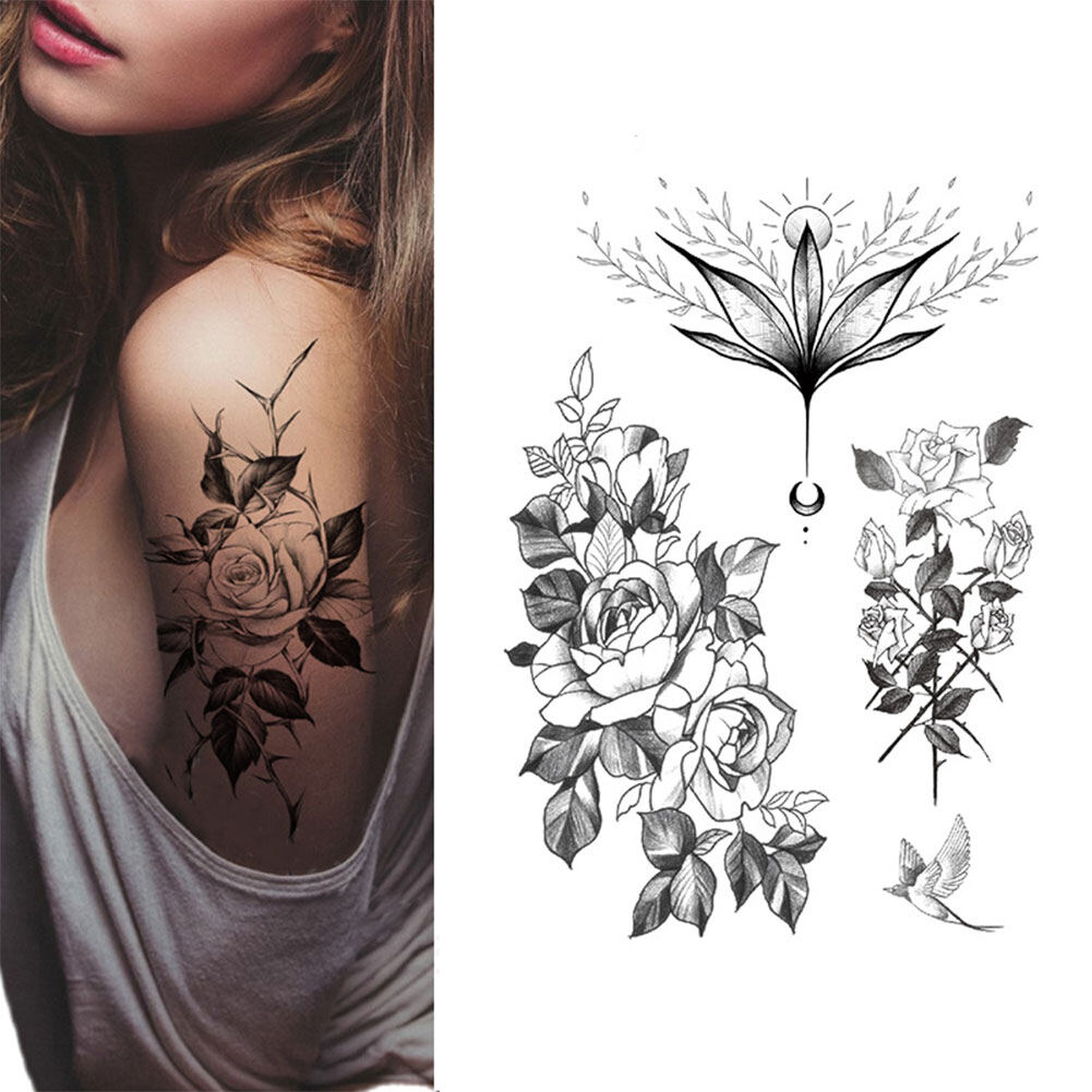 Mua Trong Xu Hình Xăm Tạm Thời Chống Thấm Nước, Miếng Dán Hình Xăm Giả Lớn Lớn Nghệ Thuật Cơ Thể Cánh Tay Hoa Mẫu Đơn Hoa Mẫu Đơn Màu Đen Đối Với Phụ Nữ Người Đàn Ông
