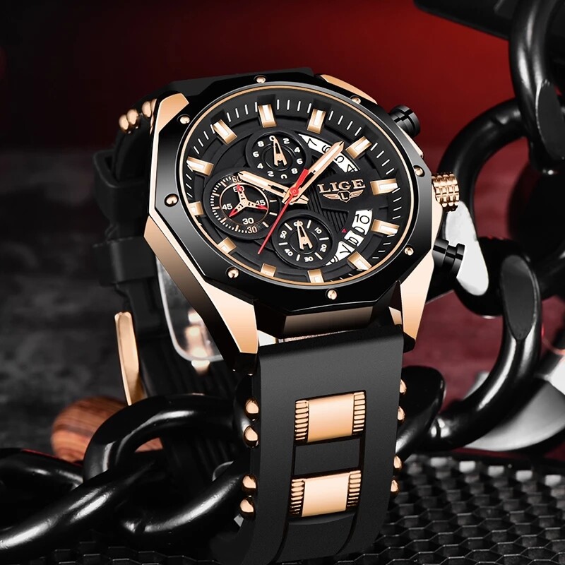 LIGE Đồng hồ đeo tay thạch anh silicon với lịch chronograph chống nước thời trang thể thao mới cho nam + hộp