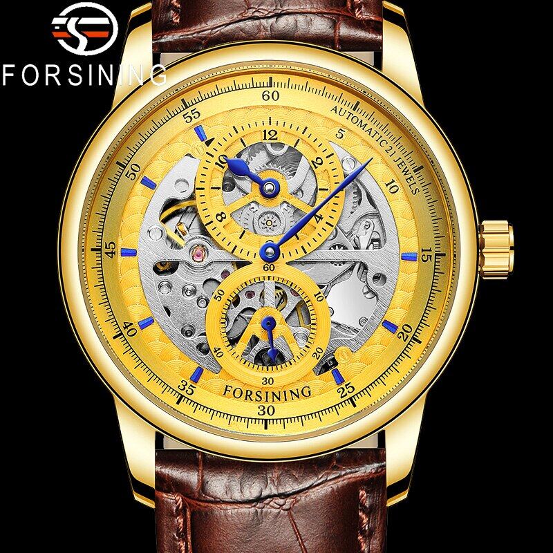 ZZOOI FORSINING New Automatic Mechanical Men Wristwatch Genuine Leather Sport Skeleton Male Clock Top Brand Luxury Gold Man Watch 8228