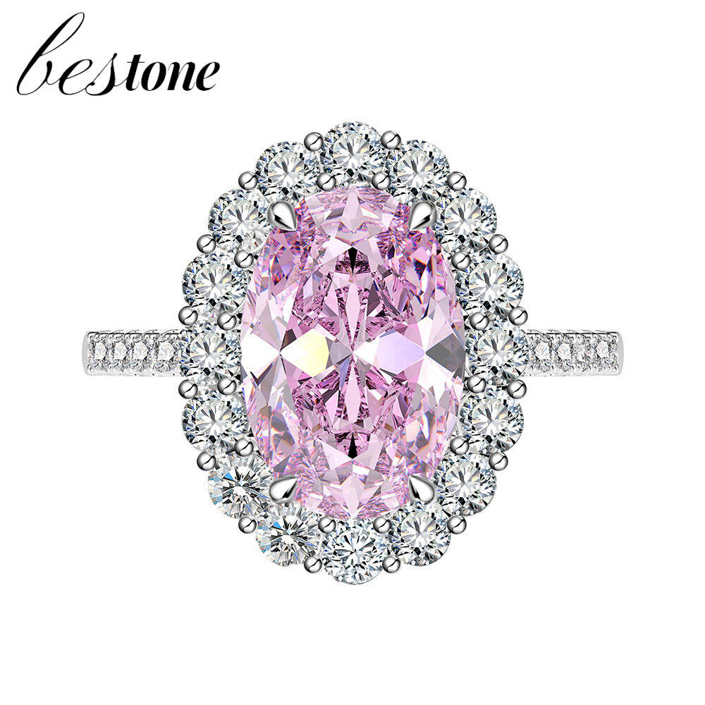 Bestone s925 bạc 5.6 carat hình quả trứng nhẫn kim cương 8*12mm carbon cao kim cương hồng kẹo nhẫn kim cương