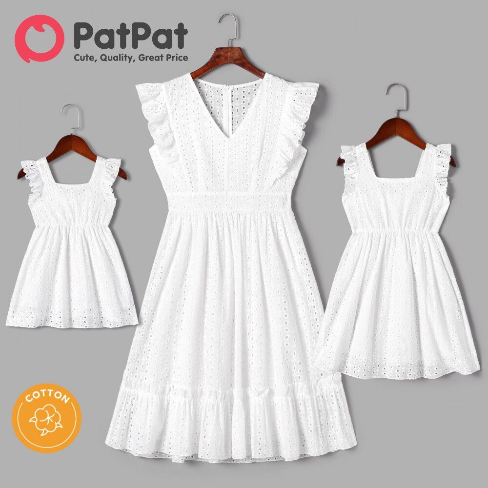 PatPat Family Váy Không Tay Xếp Nếp Thêu Hoa Khoét Lỗ Màu Trắng 100%