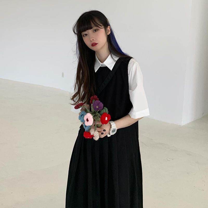 [Two sides can be worn] Korean style Japanese style mid-length suspender dress female student suspender dress summer one-piece suit