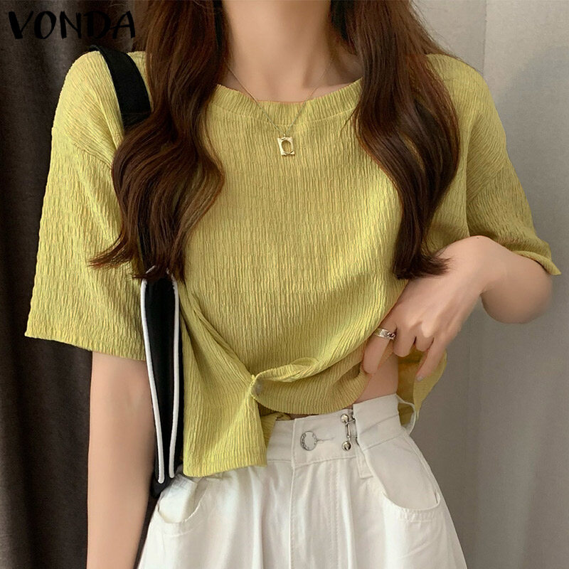 Vonda áo cánh tay ngắn cổ tròn màu trơn thiết kế độc đáo thường ngày cho nữ