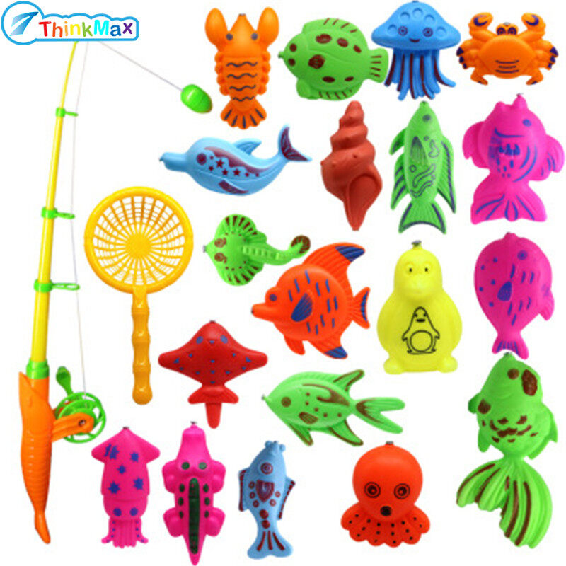 THINKMAX Summer Magnetic Fishing Rob Net Cartoon Fishes Beach Bath Toy for