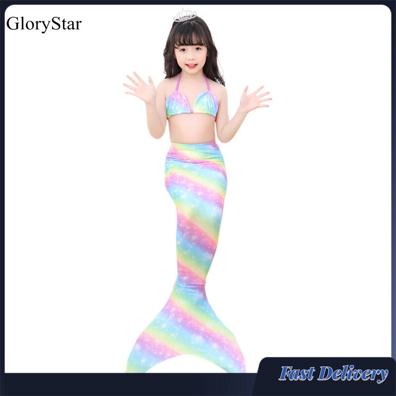 Glorystar 2 cái/bộ Cô Gái Kid Áo Tắm Áo ngực dây vòng qua cổ + Đuôi Nàng Tiên Cá Đầy Màu Sắc Đồ bơi 2 mảnh Cho 3-12y