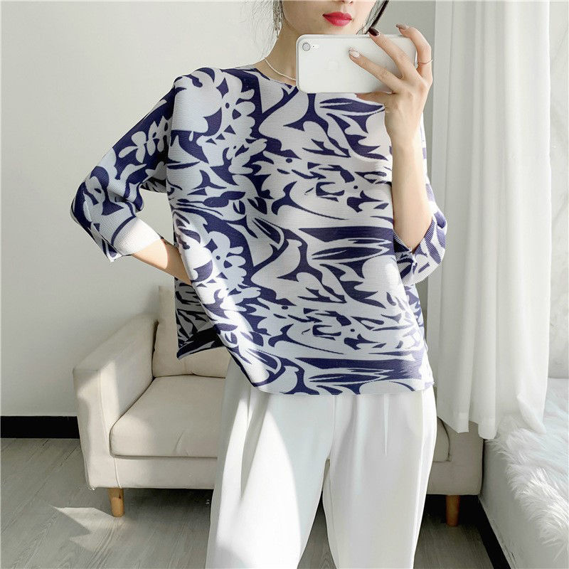 Áo cánh ngắn tay in họa tiết cao cấp áo nữ chui đầu xếp li áo thun màu đẹp mỏng rộng