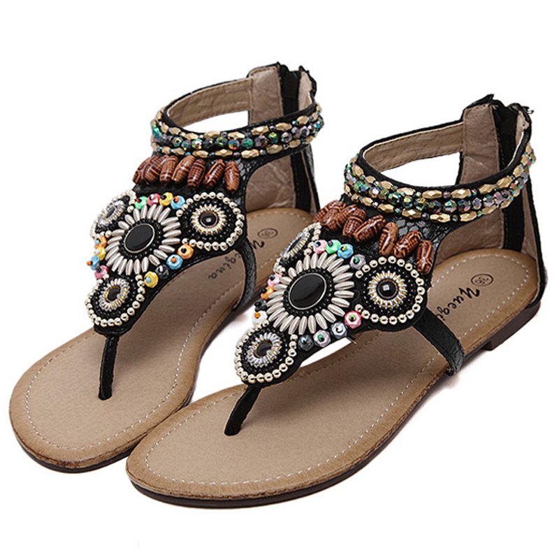 Giày Xăng Đan Thời Trang Bohemian Dân Tộc Bị Chèn Ép Phẳng Sandal La Mã Đính Hạt Nam Nữ