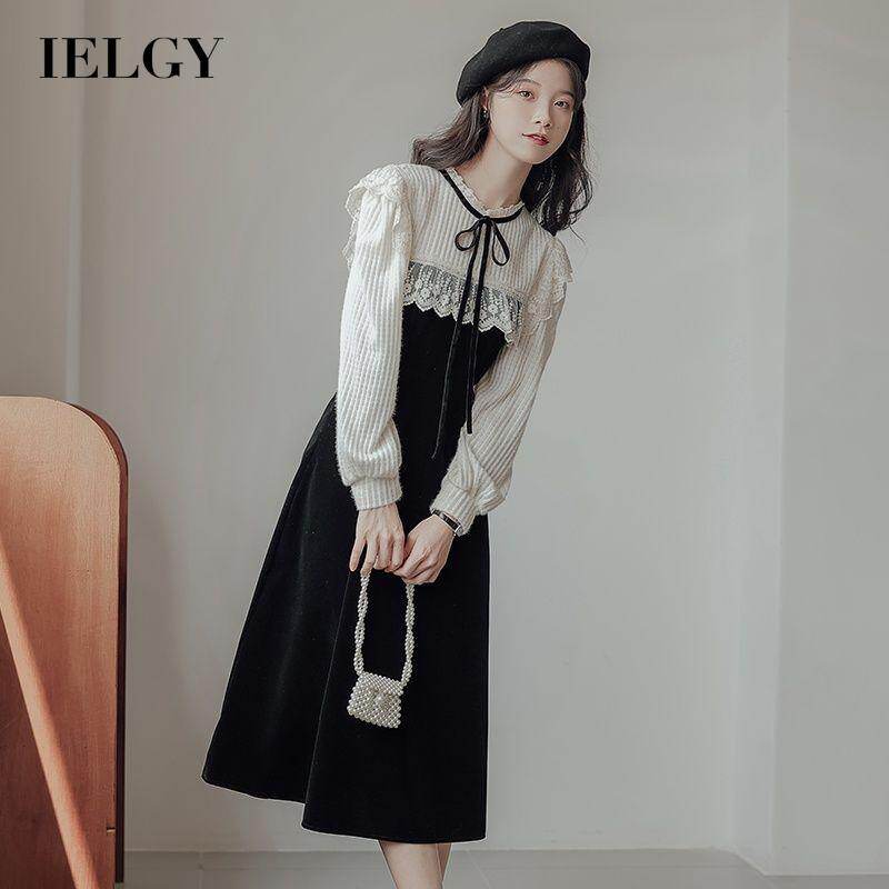 IELGY Váy dài cá tính màu tương phản kiểu Pháp cho nữ