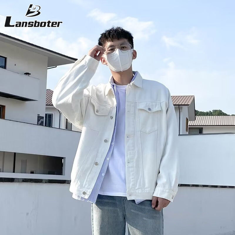 Lansboter màu trắng dụng cụ Áo khoác Denim đường phố mới áo khoác Jacket đẹp trai ruffian