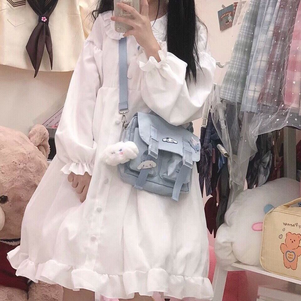 Lolita soft girl fairy dress spring Japanese style soft girl doll collar lace up ruffled dress cute female