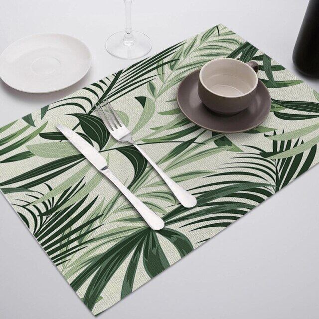 ลายใบไม้เขียว Placemats สำหรับโต๊ะทานอาหารเสื่อใบ Photo แผ่นรองแก้วตกแต่งบ้านร้านอาหารบนโต๊ะอาหารผ้าเช็ดปาก