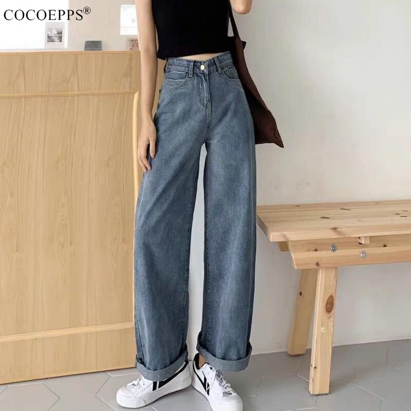 Quần bò ỐNg RộNg cocoepps cho nữ, quần cạp cao ống suông phong cách Hàn Quốc, mặc mùa Xuân và Thu, thời trang 2020