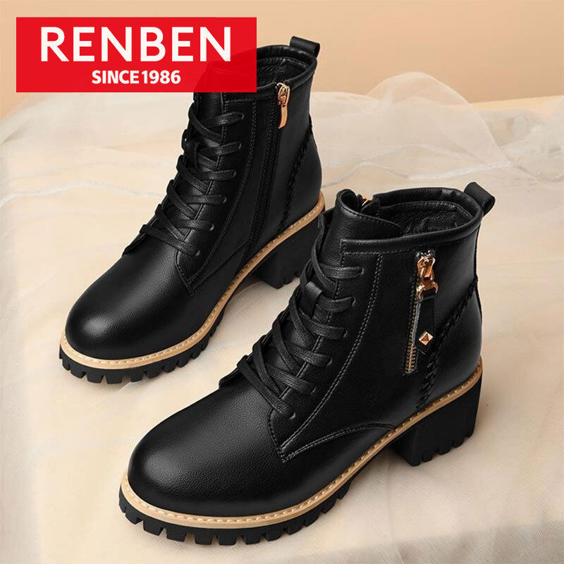  RENBEN Bốt Martin Bốt Đơn Đa Năng Mới Cho Nữ Bốt Đi Xe Máy Đế Bằng Và Lông Cừu Ấm Áp Bốt Nữ 