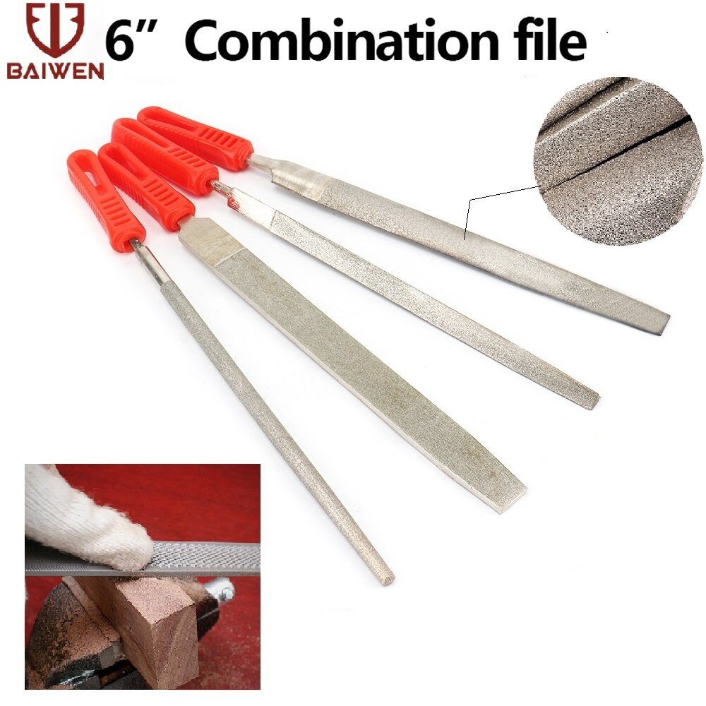 BAI WEN Bộ Giũa Phủ Kim Cương Mini 150Mm 6 Inch Dụng Cụ Tiện Dụng Cho Đồ Thủ Công Bằng Gốm, Dũa Tam Giác, Dũa Nửa Tròn, Dũa Phẳng, Dũa Tròn