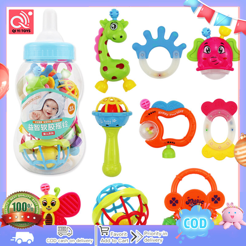 9pcs Baby Rattles Set Bottle Storage Grab Shaker Newborn Teething Toys