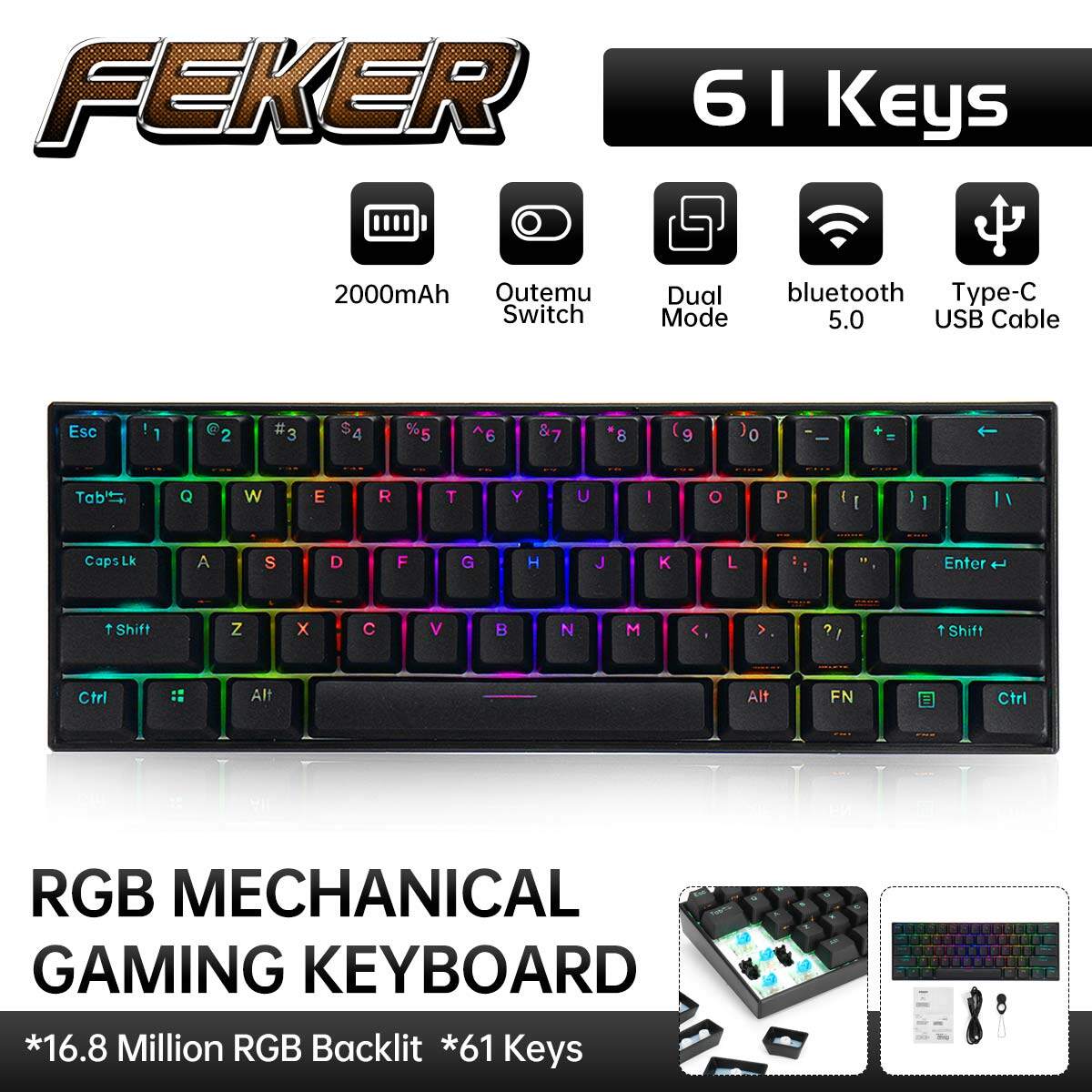  FEKER Bàn Phím Cơ 61 Phím Có Dây + Bluetooth 5.0 Công Tắc Outemu Nắp Phím PBT Có Đèn Nền RGB Bàn Phím Chơi Game Có Khóa Kéo 