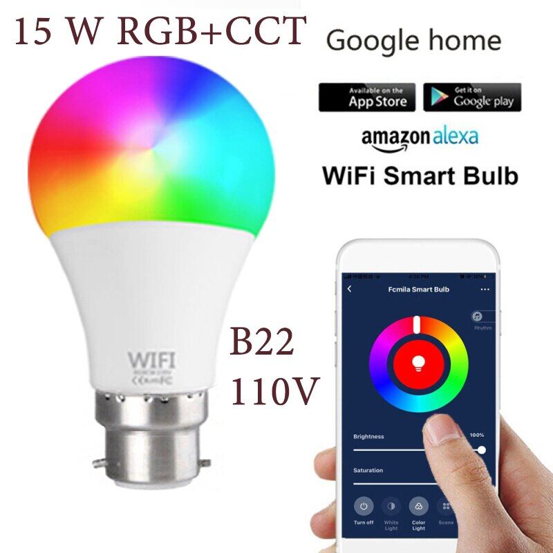 Fcmila Smart Wifi Bulb Dimmable 15W E27 B22 RGB+CCT Smart Lamp Night For Alexa/Google Home WiFi Smart Bulb