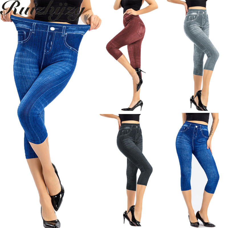  Ruizhijzg S-3XL Quần Bò Giả Cạp Cao Co Giãn Cho Nữ Quần Legging Bó Sát In Họa Tiết Denim Có Túi Quần Ngắn Ôm Sát Cho Bé Gái Ngoại Cỡ 
