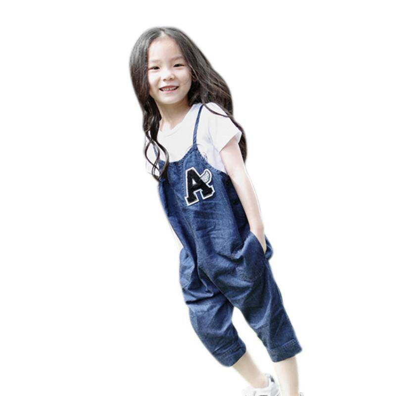 Quần yếm cho bé gái, quần yếm denim họa tiết chữ co giãn bằng cotton cho trẻ em