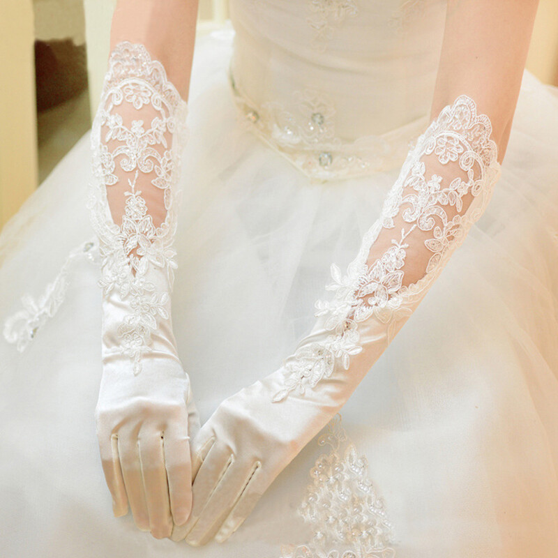 【Miss Lan】găng Tay Dài Tiệc Cưới Cô Dâu Găng Tay Sa Tanh Dài Cả Ngón Tay Đính Ren Hoa Đính Kim Sa Thêu Rỗng
