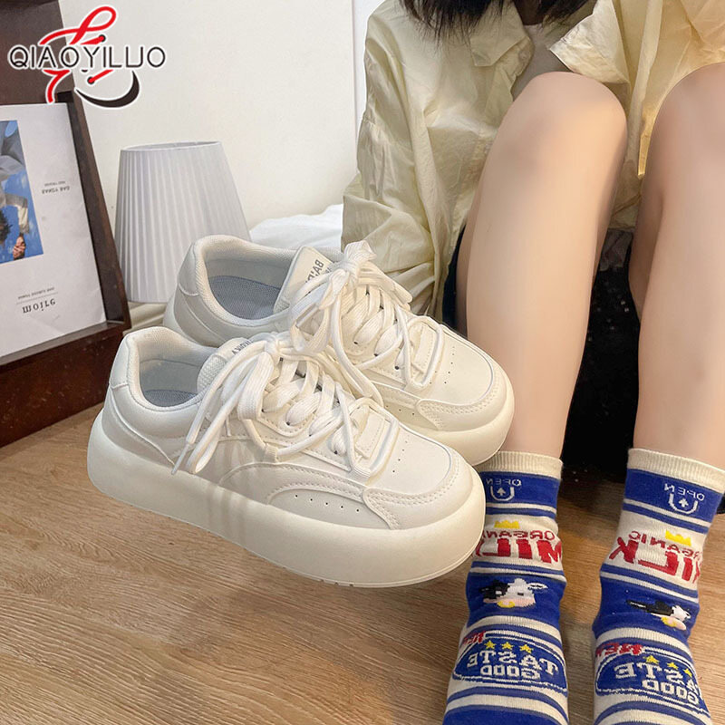  QiaoYiLuo INS Harbor Wind Little White Shoes Schoolgirl Chunky round toe versatile niche casual sneakers 