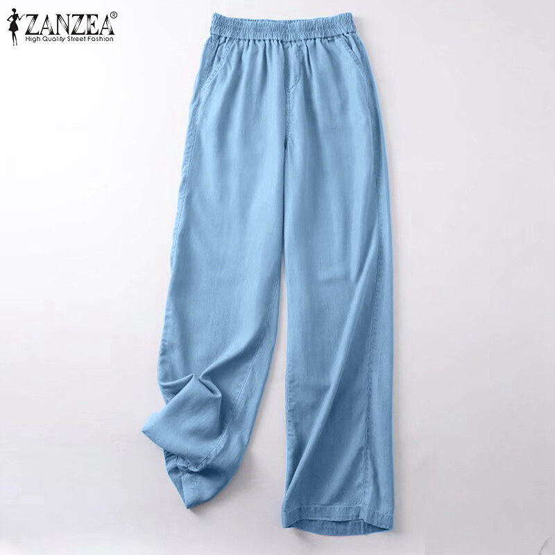  MOMONACO ZANZEA Quần Dài Ống Đứng Đơn Giản Đi Làm Cho Nữ Quần Denim Cạp Chun Dáng Rộng Màu Trơn #2 
